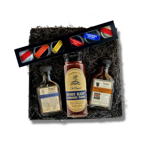 Bourbon Barrel Foods Kentucky Proud Flavors Of Bourbon Country Backst holiday Gift - Bourbon Barrel Foods Bourbon Smoked Spices, Henry Bain's Famous Sauce, Bluegrass Soy Sauce, Bourbon Barrel Aged Worcestershire, in a gift box. Eat Your Bourbon