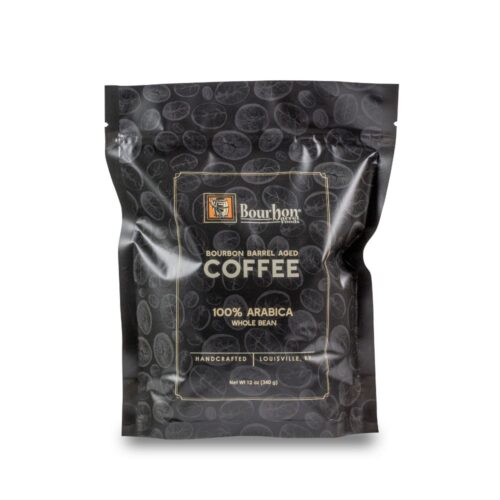 Bourbon Barrel Aged Coffee - one hundred percent Arabica whole bean coffee. Shown in a twelve ounce bag handcrafted in Louisville, Kentucky.