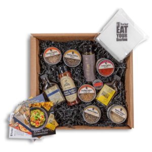 Bourbon Barrel Foods Plan the Party Gift Box filled with eleven products, eat your bourbon branded napkins and several inspirational recipes.