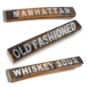 Bourbon Barrel Foods - Showing all three Bourbon Barrel Stave decoration with words Old Fashioned, Manhattan, Whiskey Sour