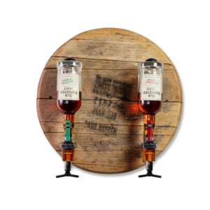 Bourbon Barrel Head spirits dispenser - holds two bottles of your preferred spirt!