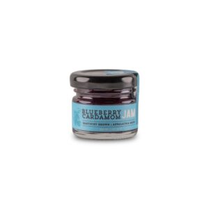 Blueberry Cardamom Jam in a mini 1 oz Jar. Perfect for parties and samples.