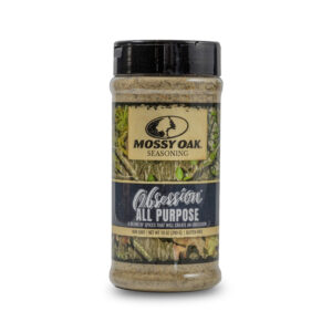 Mossy Oak Spices by Bourbon Barrel Foods - Obsession all Purpose Seasoning. Image showing spice in it's spice shaker.