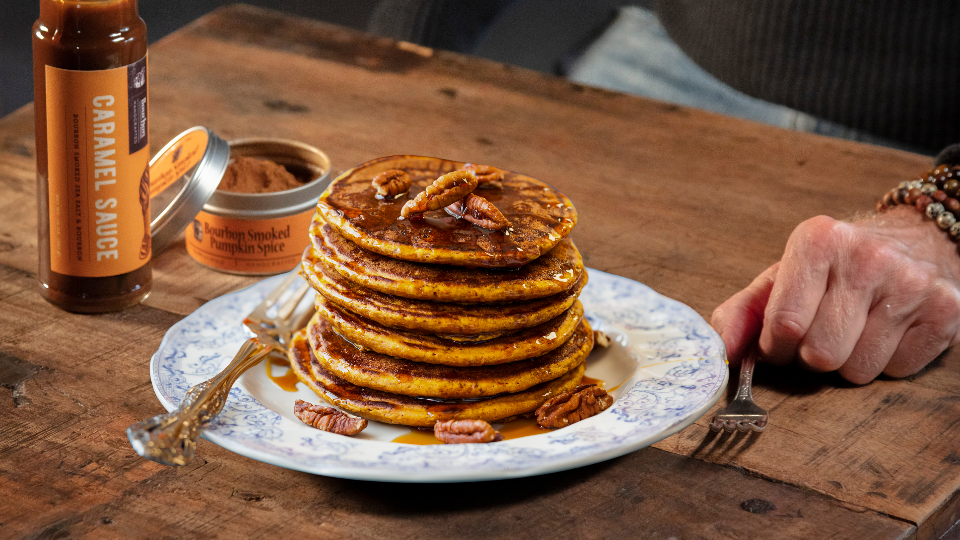 Bourbon Barrel Foods Bourbon Barrel Buttermilk Pancake Mix with Bourbon Smoked Pumpkin Spice. Beautiful stack of sharable pancakes.