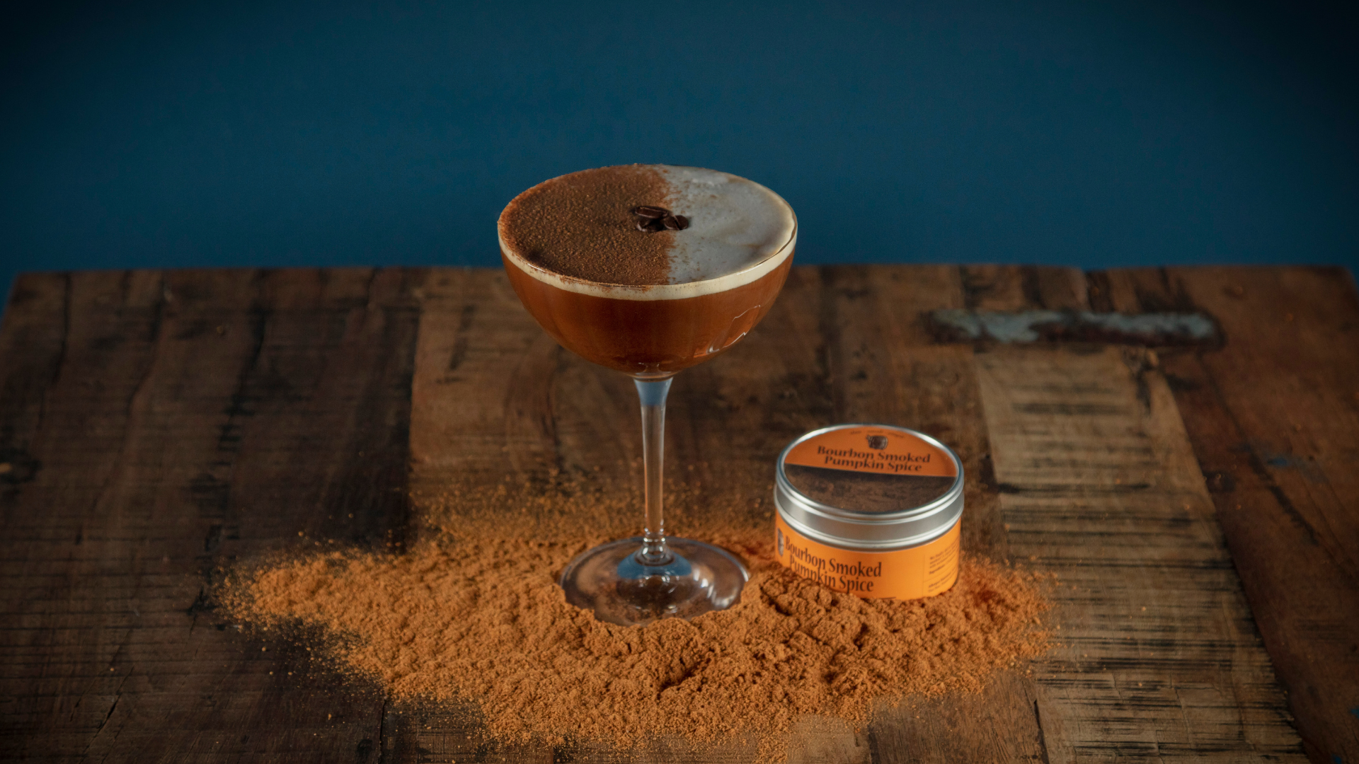 Bourbon Barrel Foods Pumpkin Spice Espresso Martini with Bourbon Smoked Pumpkin Spice on the table.